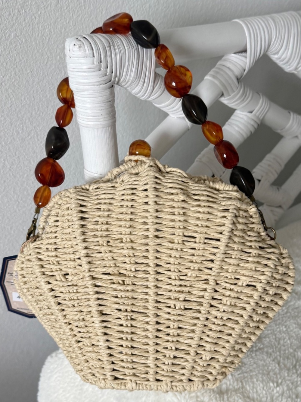 SUN & SAND HANDBAG SHELL WOVEN STRAW COLOR NATURAL HANDLE WITH BEADED SMALL